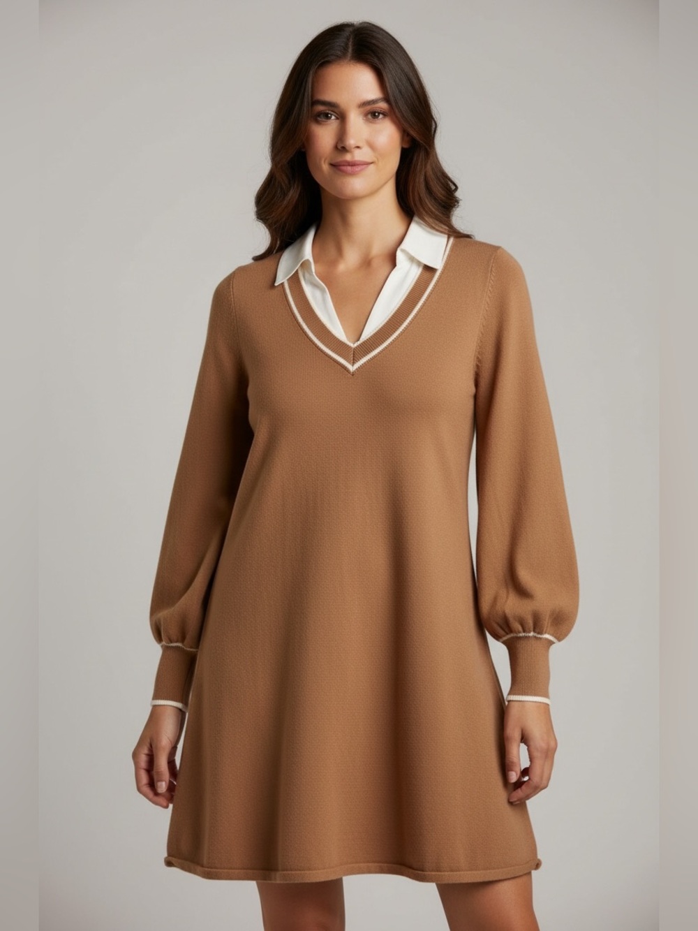 Belldini Camel V-Neck Sweater Dress with White Trim